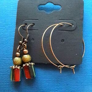 Artisan earrings  514# bohemian Czech cane red green white petite earrings 2Pair